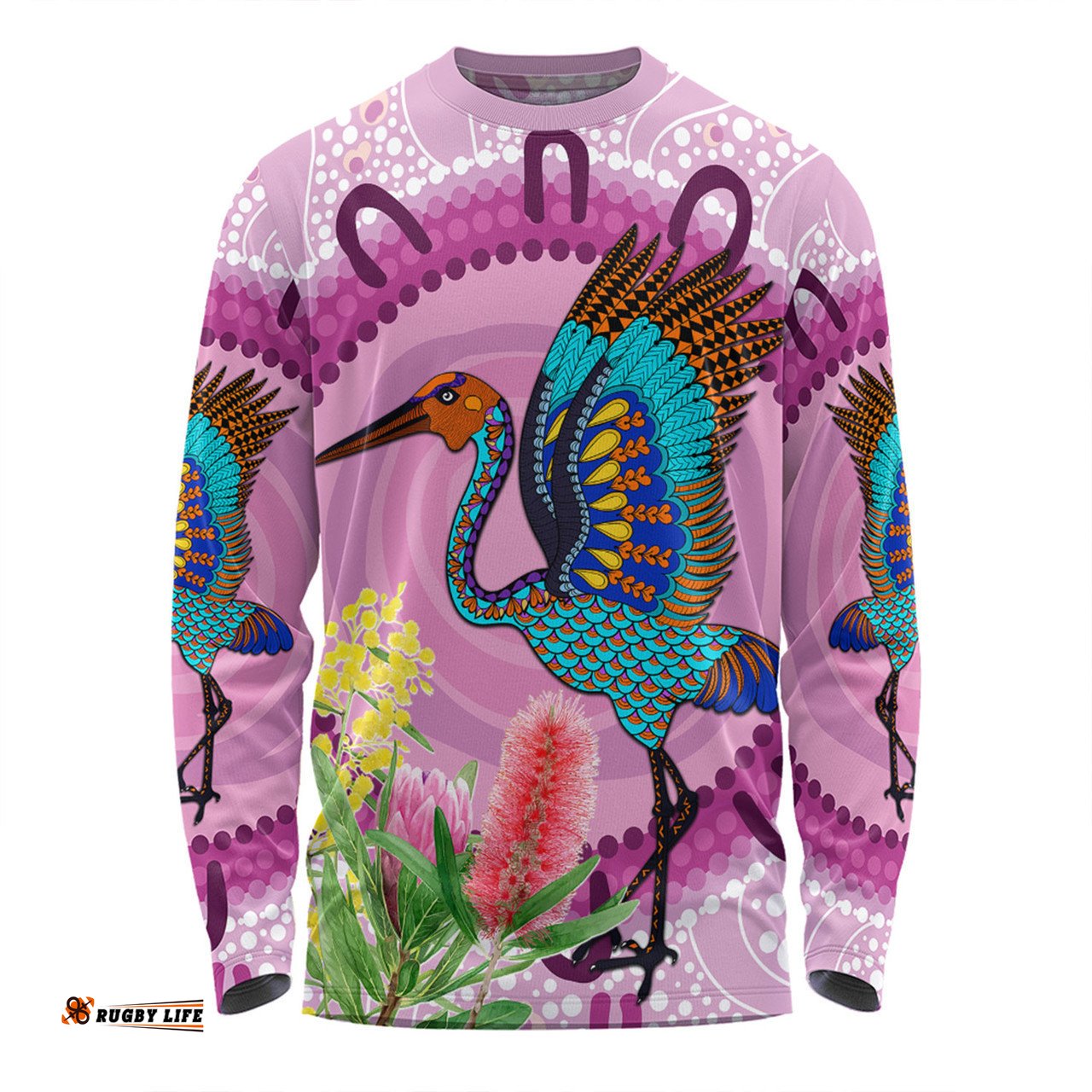 Australia Aboriginal Long Sleeve T-shirt - Brolga Bird Dancing With Australia Native Flowers Long Sleeve T-shirt