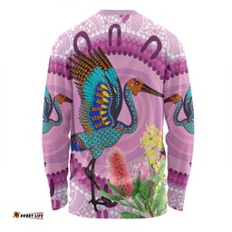 Australia Aboriginal Long Sleeve T-shirt - Brolga Bird Dancing With Australia Native Flowers Long Sleeve T-shirt