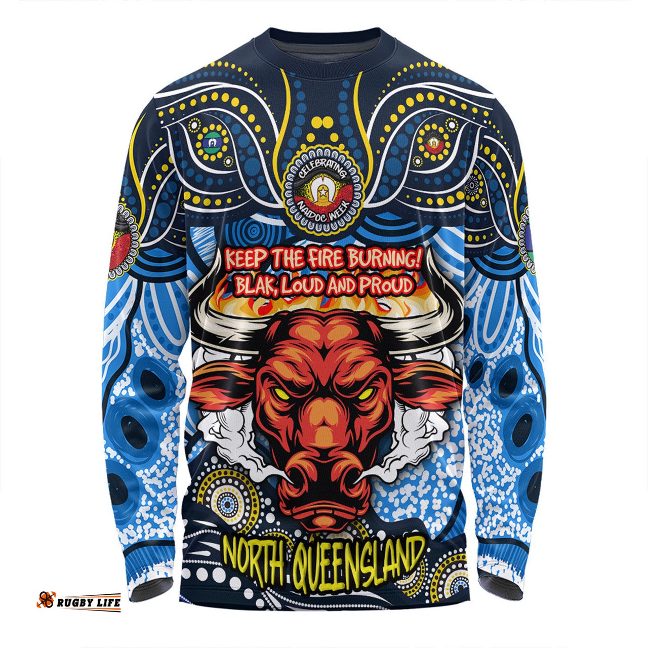 North Queensland Cowboys Long Sleeve T-shirt Celebrating Naidoc Week 2024 Aboriginal Dot Art Inspired