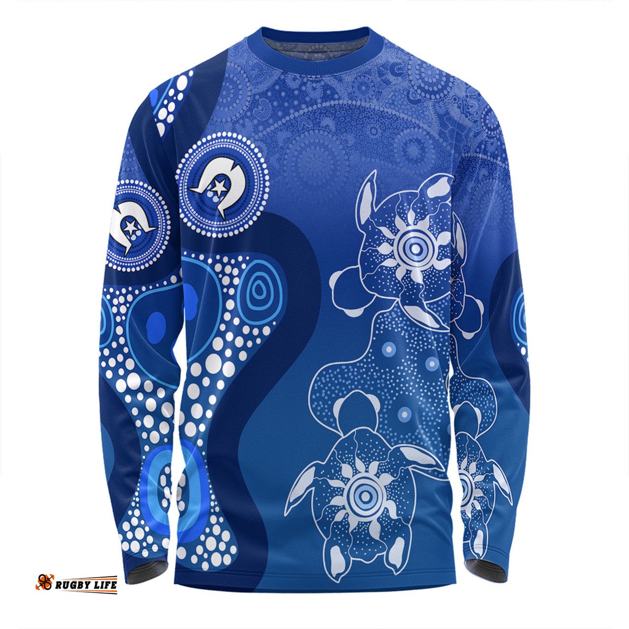 Australia Turtles Aboriginal Long Sleeve T-shirt - Indigenous Dot Turtles In The Ocean (Blue) Long Sleeve T-shirt