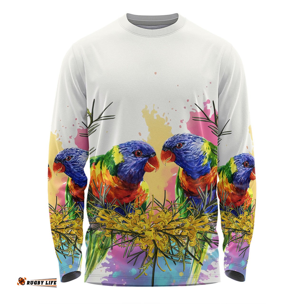 Australia Rainbow Lorikeets Long Sleeve T-shirt - Rainbow Lorikeets With Grevillea Flowers Long Sleeve T-shirt
