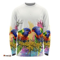 Australia Rainbow Lorikeets Long Sleeve T-shirt - Rainbow Lorikeets With Grevillea Flowers Long Sleeve T-shirt