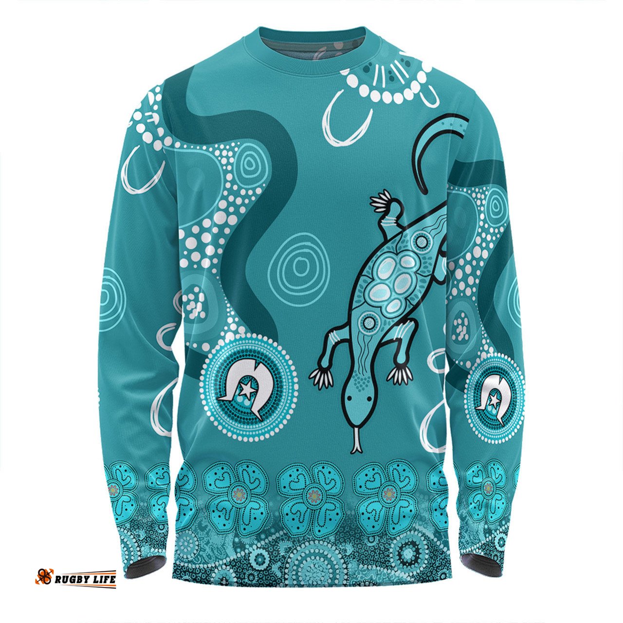 Australia Goanna Aboriginal Long Sleeve T-shirt - Indigenous Dot Goanna (Teal Blue) Long Sleeve T-shirt