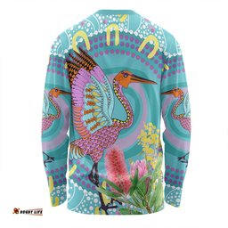 Australia Aboriginal Long Sleeve T-shirt - Brolga Bird Dancing With Australia Native Flowers V3 Long Sleeve T-shirt
