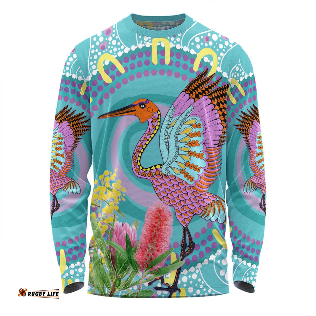 Australia Aboriginal Long Sleeve T-shirt - Brolga Bird Dancing With Australia Native Flowers V3 Long Sleeve T-shirt