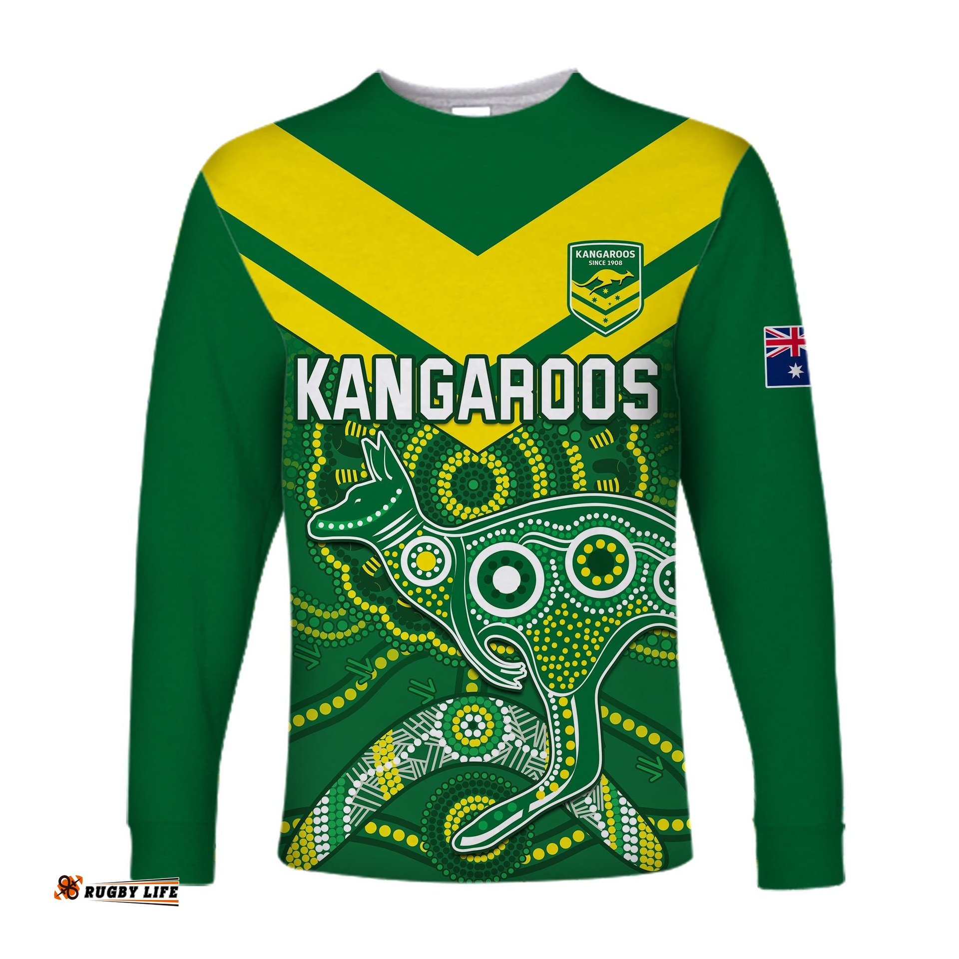 Australia Rugby Long Sleeve T-shirt Kangaroos Boomerang Aboriginal