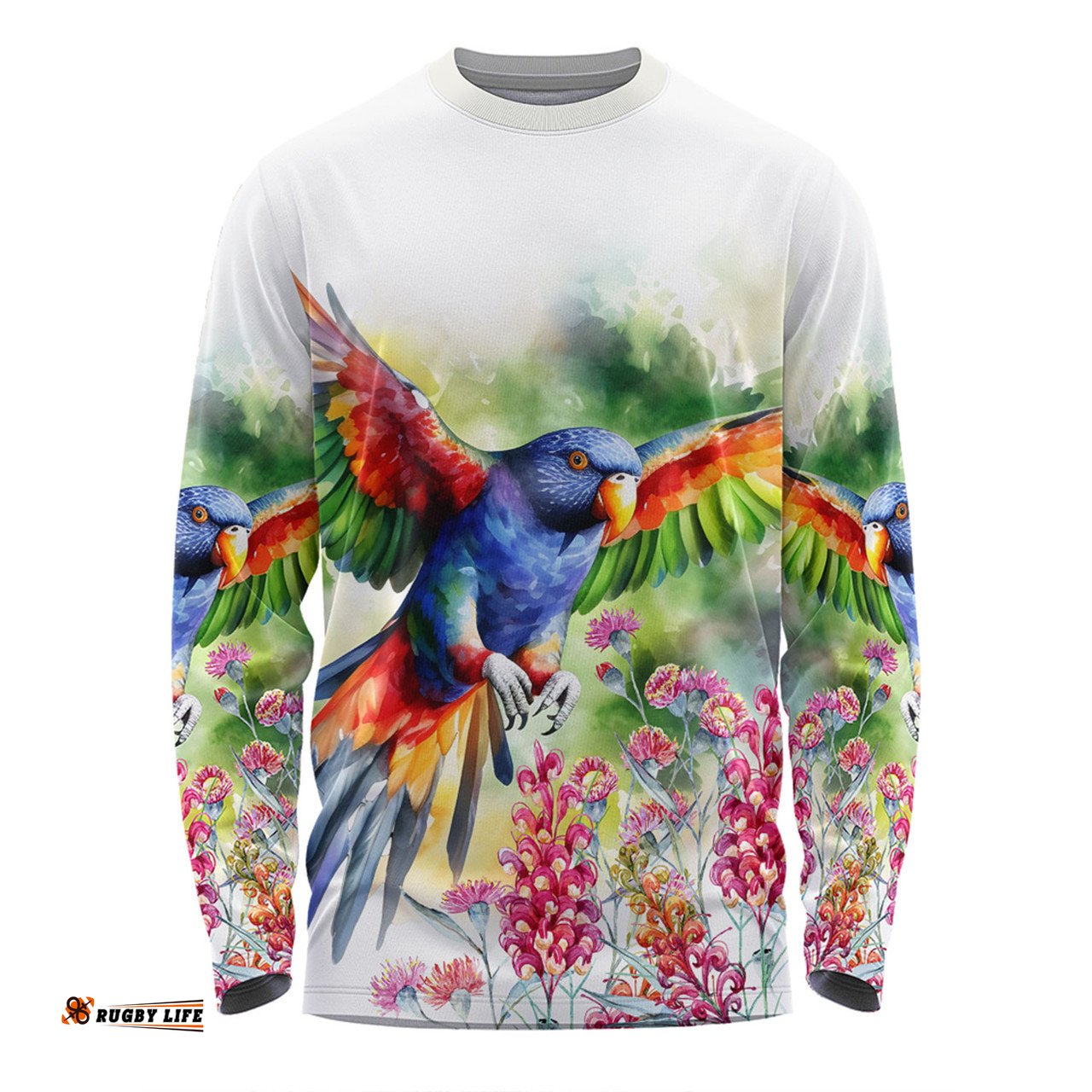 Australia Rainbow Lorikeets Long Sleeve T-shirt - Rainbow Lorikeets Flying With Grevillea Flowers Art Long Sleeve T-shirt