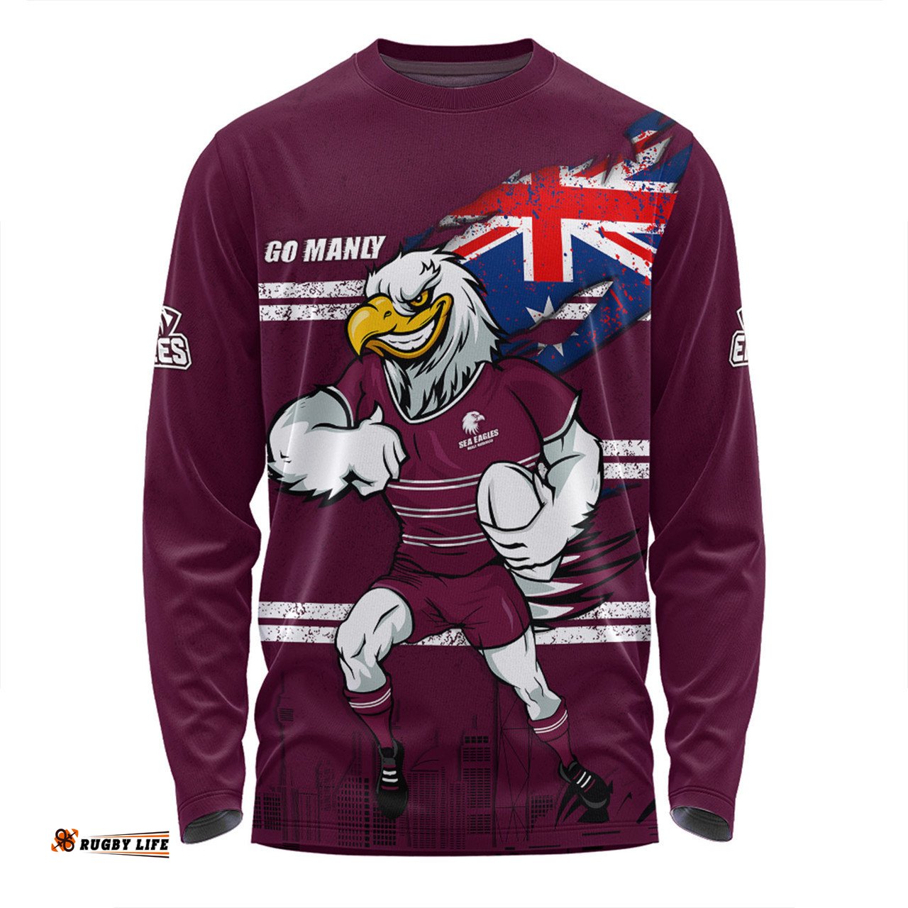 Manly Warringah Sea Eagles Long Sleeve T-shirt Custom For Die Hard Fan Australia Flag Scratch Style