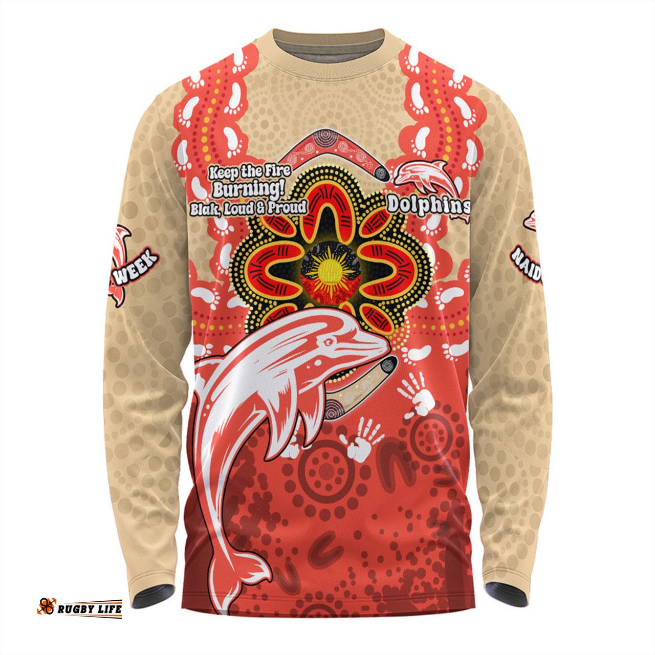 Redcliffe Dolphins Long Sleeve T-shirt Aboriginal Inspired Naidoc Symbol Pattern