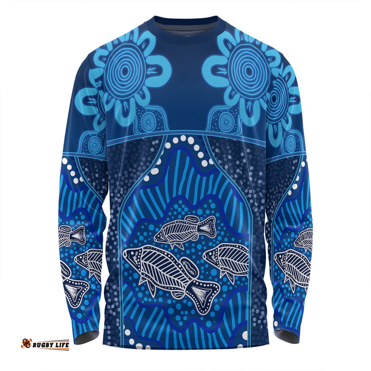 Australia Aboriginal Custom Long Sleeve T-shirt - Blue Aboriginal Dot With Fish Personalised Photo Long Sleeve T-shirt