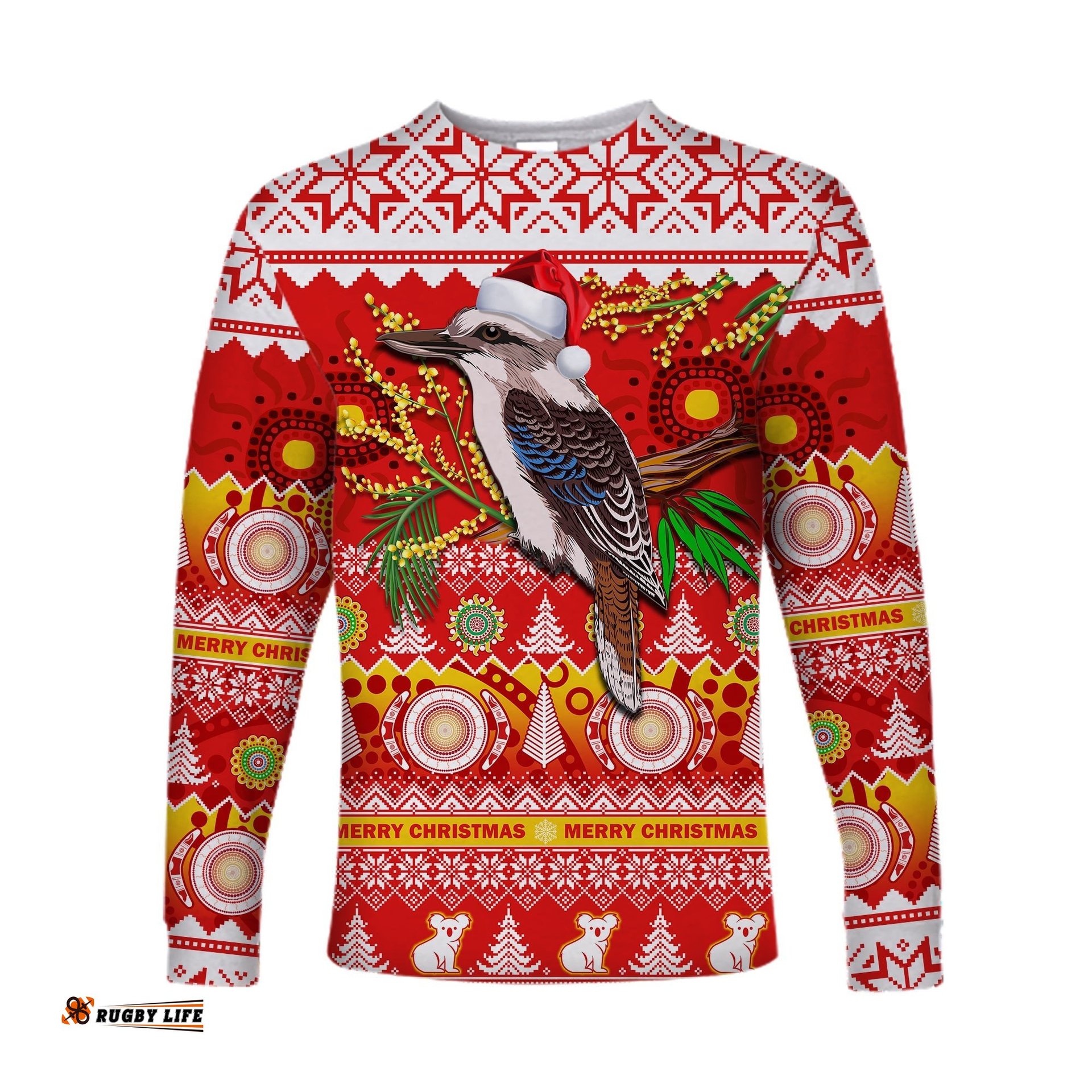 Australia Long Sleeve T-shirt Kookaburra Mix Golden Wattle Aboriginal Art Merry Christmas