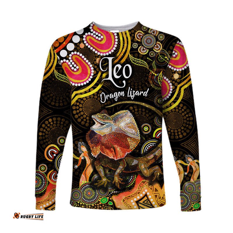 Australian Astrology Long Sleeve T-shirt Leo Dragon Lizard Zodiac Aboriginal Gold