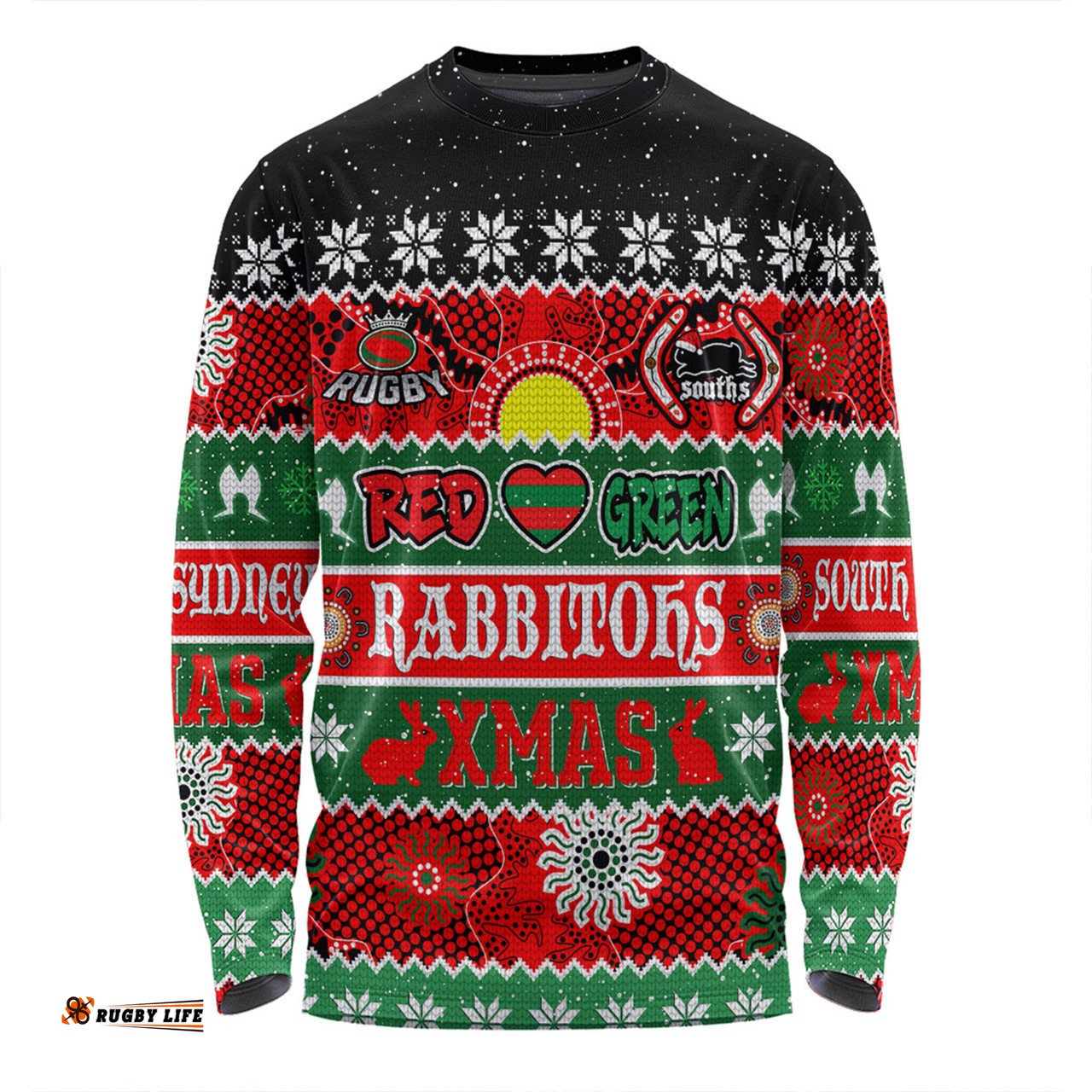 South Sydney Rabbitohs Aboriginal Custom Long Sleeve T-shirt - Indigenous Knitted Ugly Xmas Style Long Sleeve T-shirt