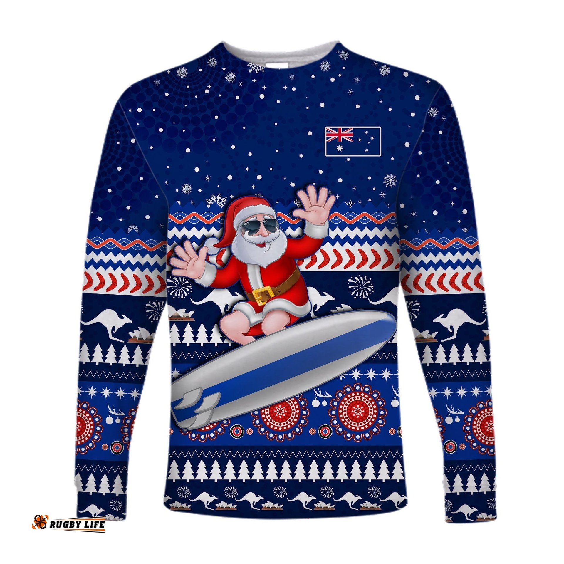 Australia Christmas Long Sleeve T-shirt Aussie Aboriginal Santa Claus is Surfing with Kangaroo