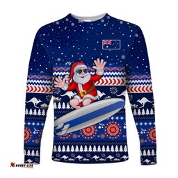 Australia Christmas Long Sleeve T-shirt Aussie Aboriginal Santa Claus is Surfing with Kangaroo