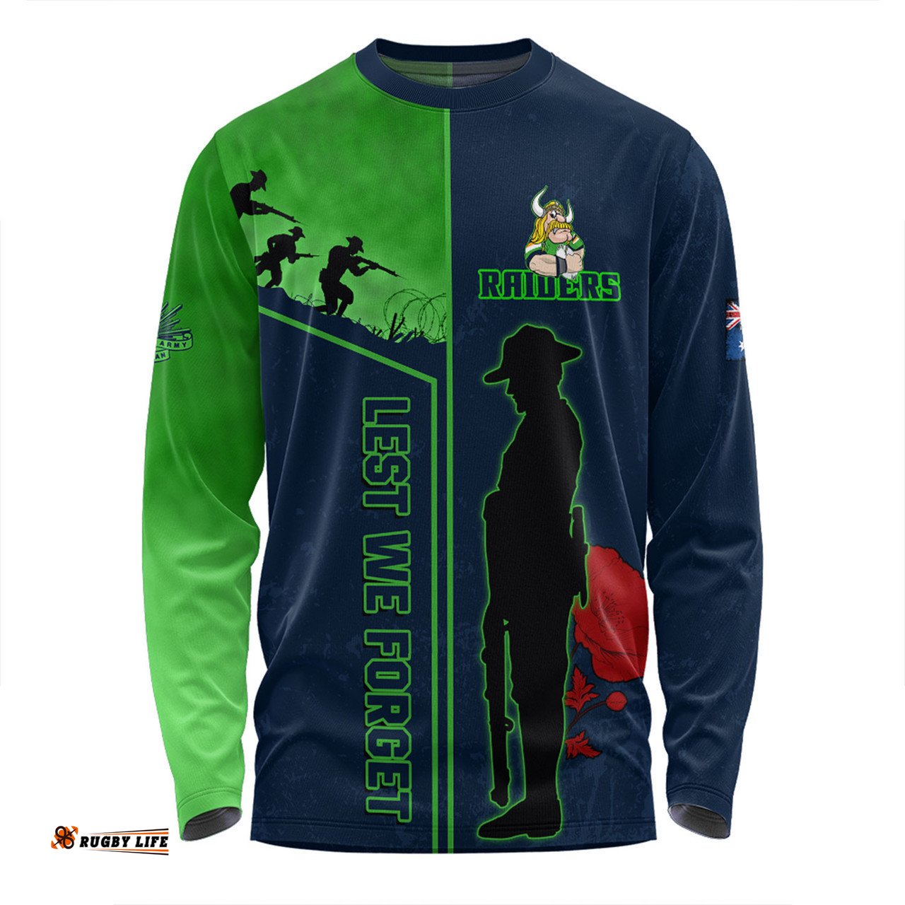 Canberra Raiders Long Sleeve T-shirt - Anzac Day Lest We Forget Poppy