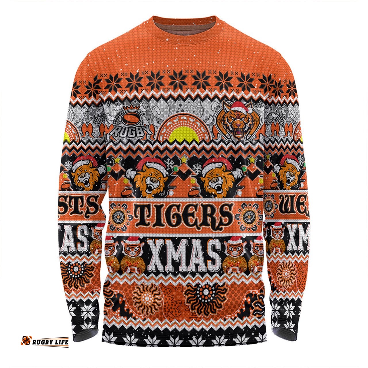 Wests Tigers Christmas Aboriginal Custom Long Sleeve T-shirt - Indigenous Knitted Ugly Xmas Style Long Sleeve T-shirt