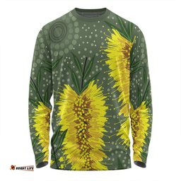Australia Aboriginal Long Sleeve T-shirt - Yellow Bottle Brush Flora In Aboriginal Painting Long Sleeve T-shirt