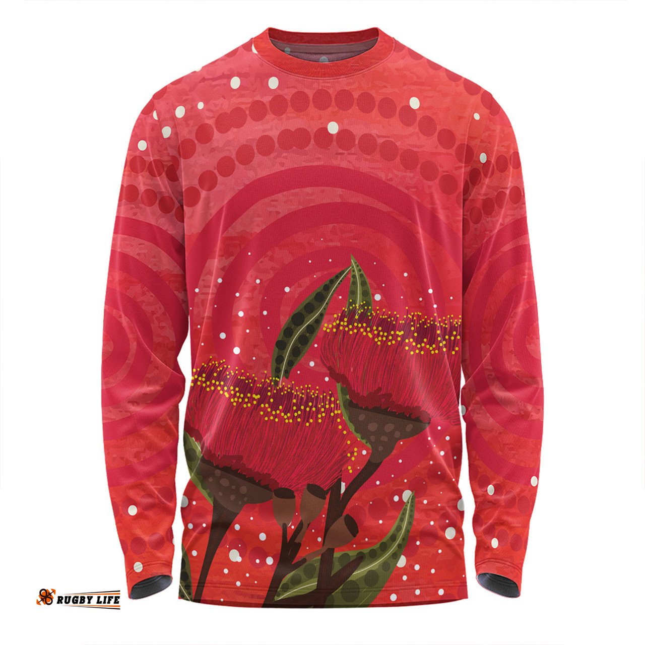 Australia Aboriginal Long Sleeve T-shirt - Red Aboriginal Art With Eucalyptus Flowers Long Sleeve T-shirt