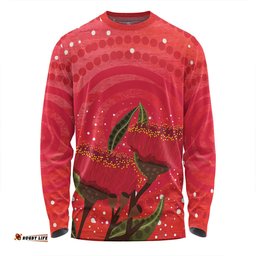Australia Aboriginal Long Sleeve T-shirt - Red Aboriginal Art With Eucalyptus Flowers Long Sleeve T-shirt