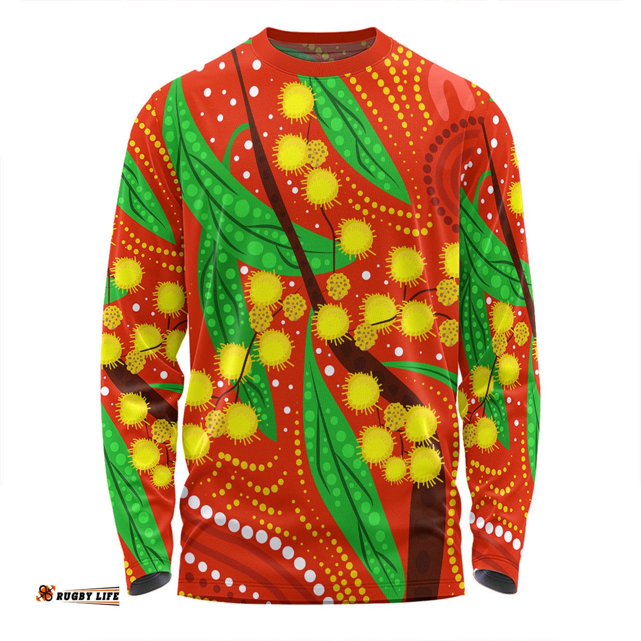 Australia Aboriginal Long Sleeve T-shirt - Aboriginal Dot Art Of Australian Yellow Wattle Painting Long Sleeve T-shirt
