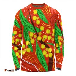 Australia Aboriginal Long Sleeve T-shirt - Aboriginal Dot Art Of Australian Yellow Wattle Painting Long Sleeve T-shirt