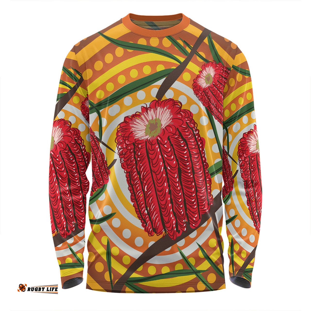 Australia Flowers Aboriginal Long Sleeve T-shirt - Aboriginal Dot Painting With Red Banksia Flower Long Sleeve T-shirt