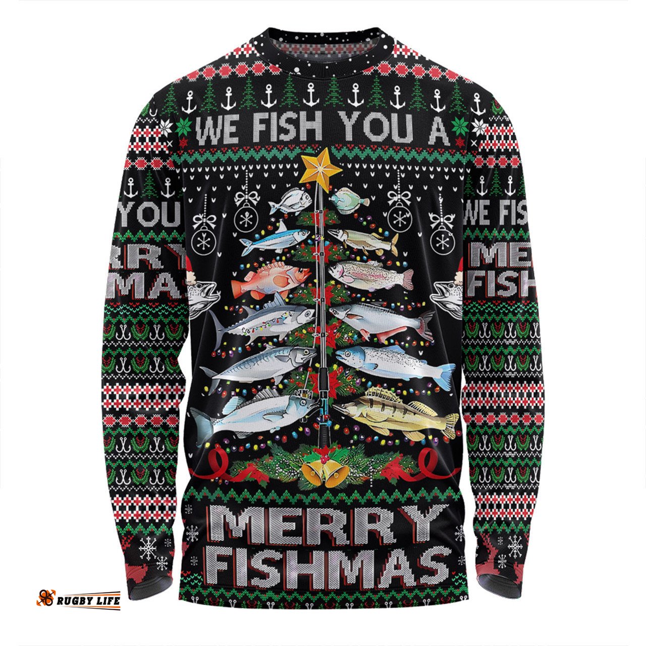 Amazing Aussie Australia Christmas Fishing Merrry Fishmas Fishing Rod Christmas Tree Long Sleeve T-shirt