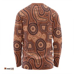 Australia Dot Painting Inspired Aboriginal Long Sleeve T-shirt - Brown Aboriginal Australian Art With Boomerang Long Sleeve T-shirt