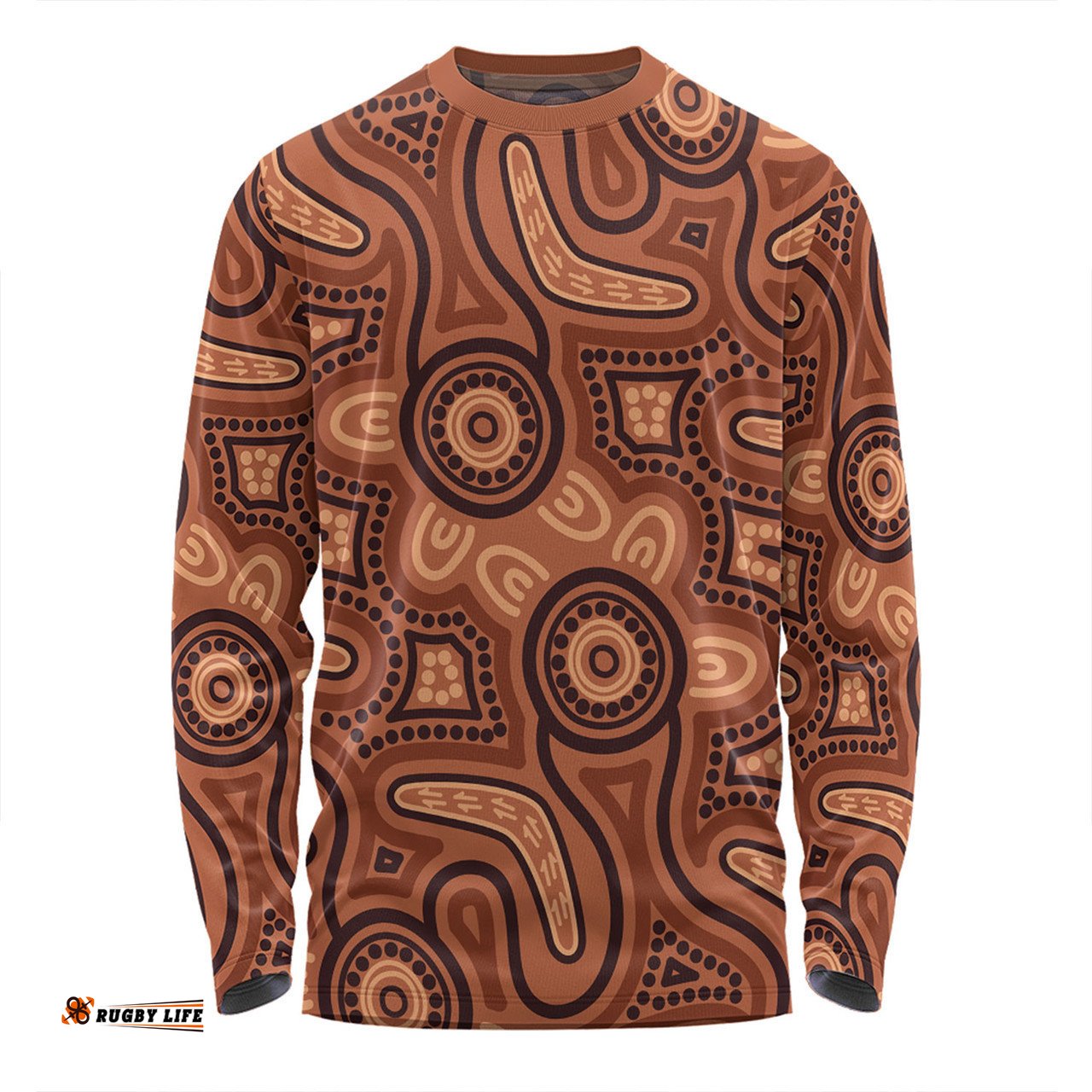 Australia Dot Painting Inspired Aboriginal Long Sleeve T-shirt - Brown Aboriginal Australian Art With Boomerang Long Sleeve T-shirt