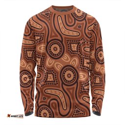 Australia Dot Painting Inspired Aboriginal Long Sleeve T-shirt - Brown Aboriginal Australian Art With Boomerang Long Sleeve T-shirt