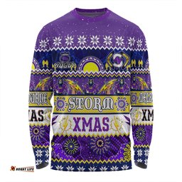 Melbourne Storm Christmas Aboriginal Custom Long Sleeve T-shirt - Indigenous Knitted Ugly Xmas Style Long Sleeve T-shirt