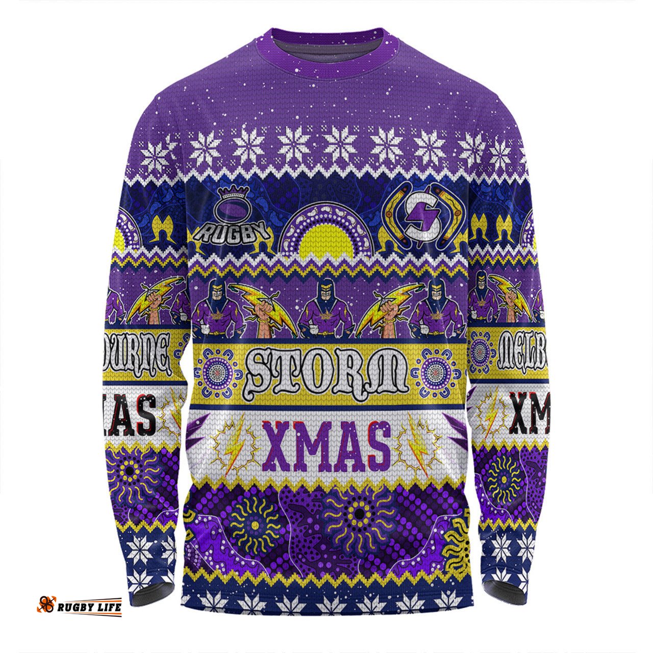 Melbourne Storm Christmas Aboriginal Custom Long Sleeve T-shirt - Indigenous Knitted Ugly Xmas Style Long Sleeve T-shirt