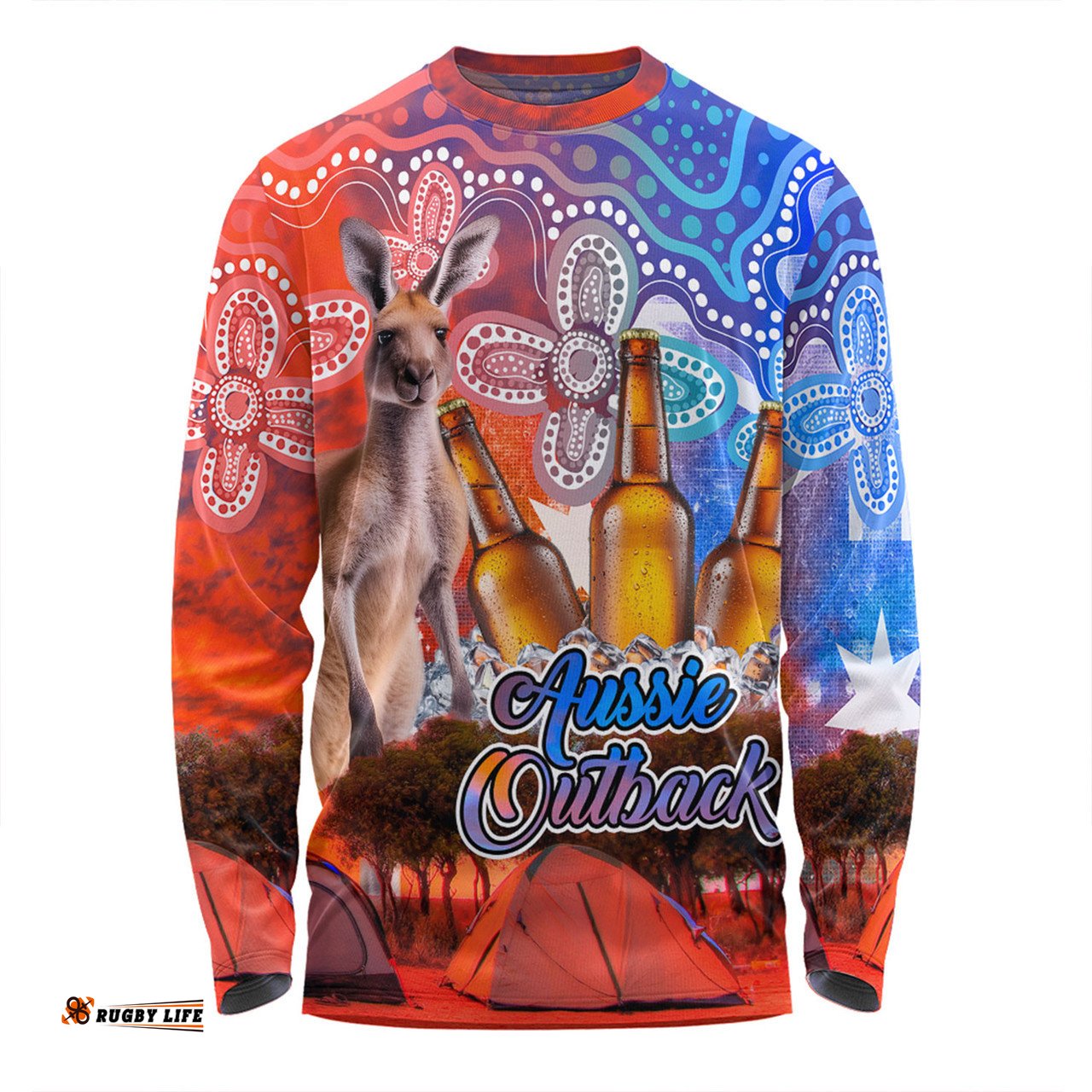 Amazing Aussie Australia Kangaroo Aboriginal Camping Custom Aussie Outback Camping with Beer Long Sleeve T-shirt