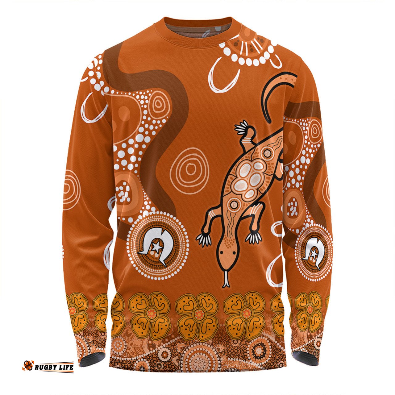 Australia Goanna Aboriginal Long Sleeve T-shirt - Indigenous Dot Goanna (Orange) Long Sleeve T-shirt