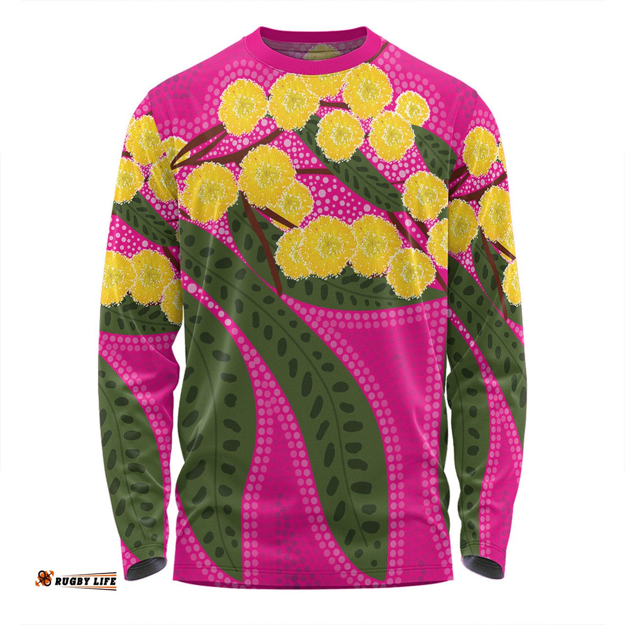 Amazing Aussie Australia Flowers Aboriginal Australian Yellow Wattle Flowers Painting In Aboriginal Dot Art Style Long Sleeve T-shirt