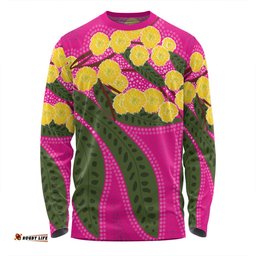 Amazing Aussie Australia Flowers Aboriginal Australian Yellow Wattle Flowers Painting In Aboriginal Dot Art Style Long Sleeve T-shirt