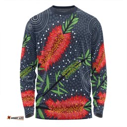 Amazing Aussie Australia Flowers Aboriginal Red Bottle Brush Tree Depicted In Aboriginal Style Long Sleeve T-shirt