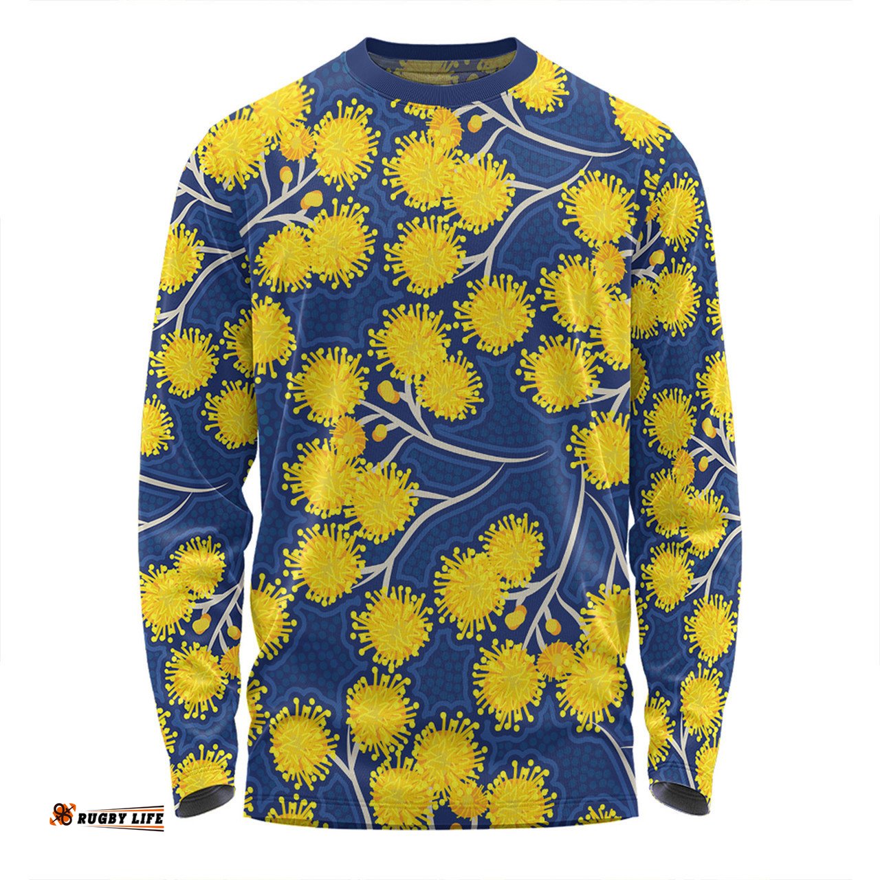 Amazing Aussie Australia Flowers Aboriginal Yellow Wattle Flowers With Aboriginal Dot Art Long Sleeve T-shirt