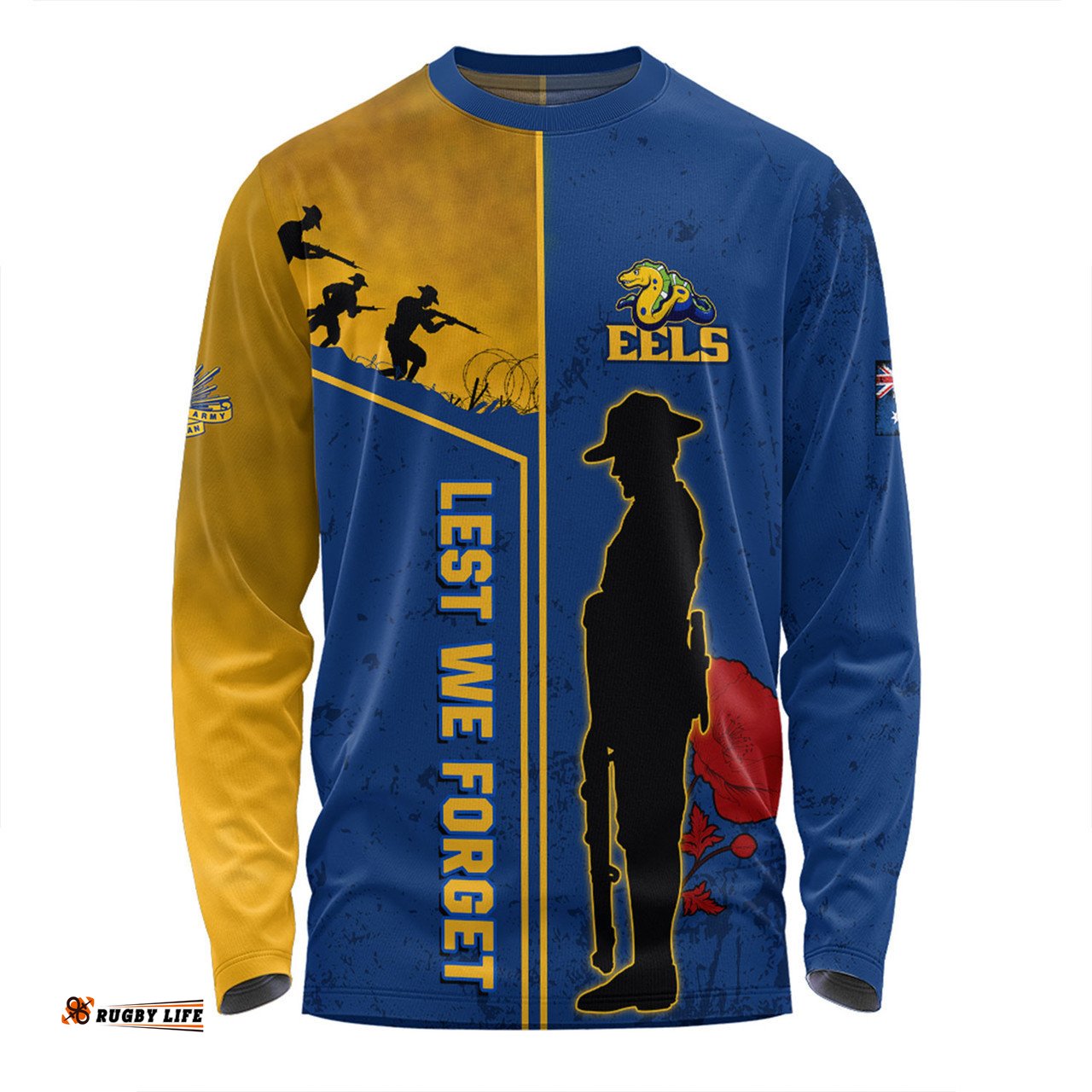 Parramatta Eels Long Sleeve T-shirt - Anzac Day Lest We Forget Poppy