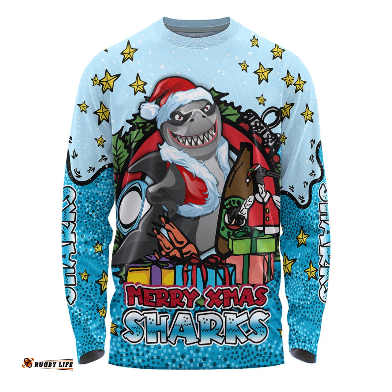 Amazing Aussie Cronulla Sutherland Sharks Christmas Custom Merry Christmas Our Beloved Team With Aboriginal Dot Art Pattern Long Sleeve T-shirt
