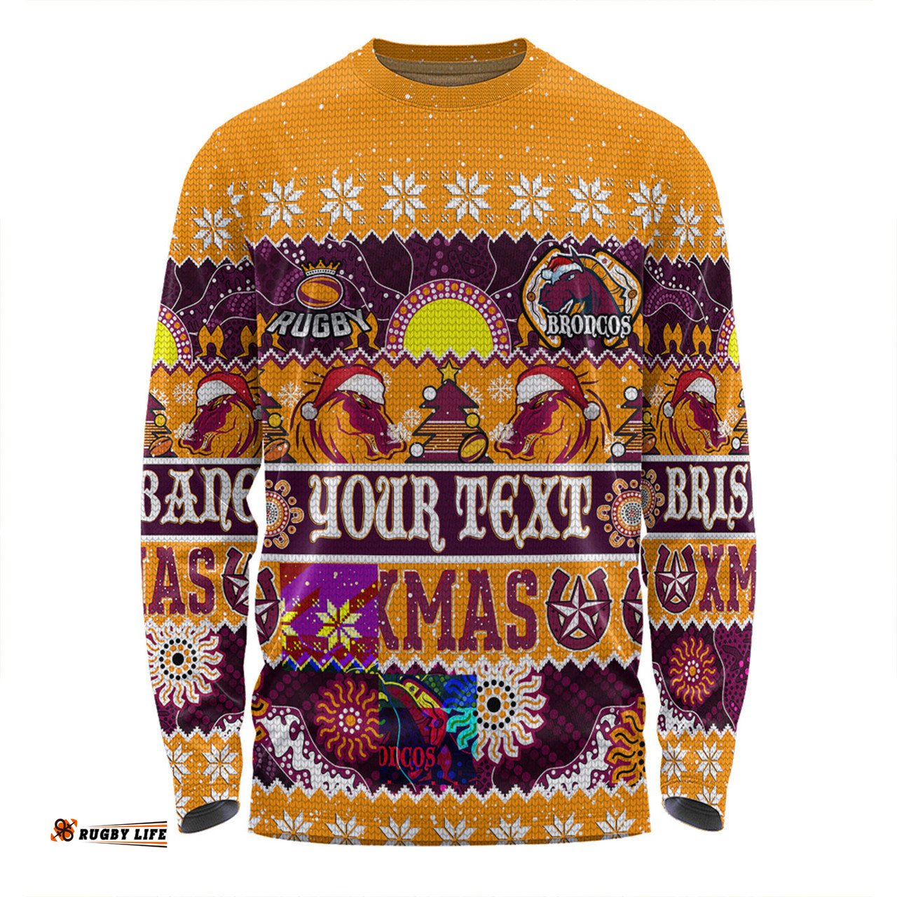 Amazing Aussie Brisbane Broncos Christmas Aboriginal Custom Indigenous Knitted Ugly Xmas Style Long Sleeve T-shirt