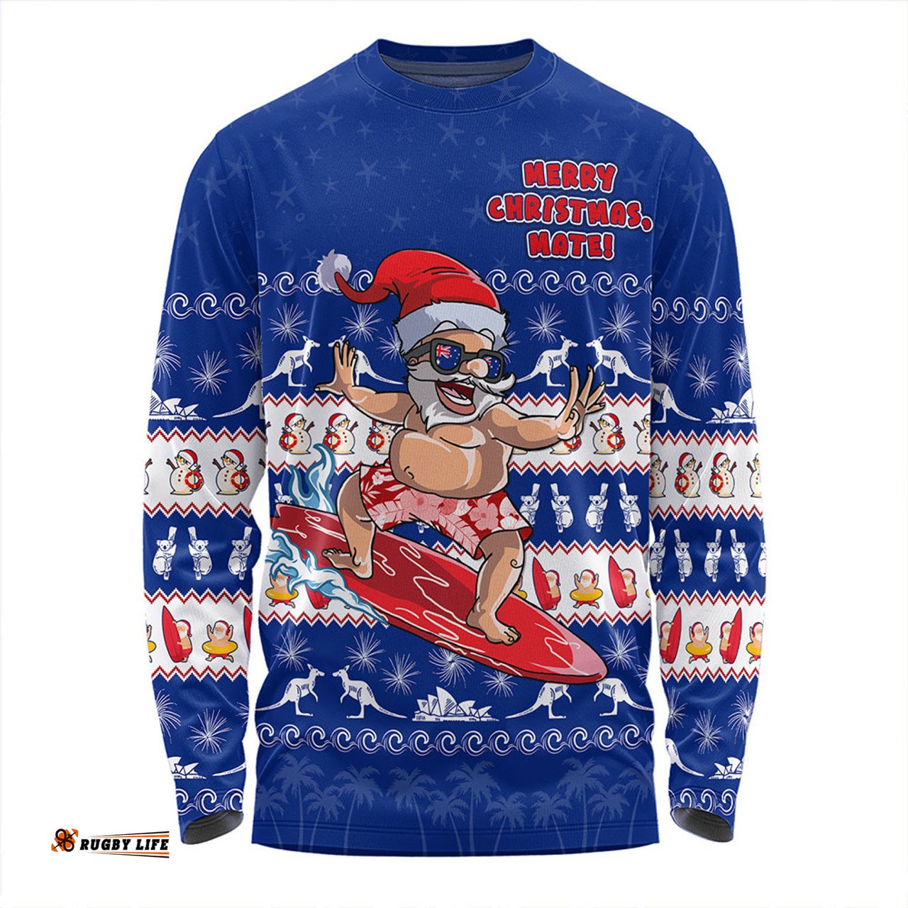Amazing Aussie Australia Merry Christmas Mate Surf's Up Santa Blue Long Sleeve T-shirt
