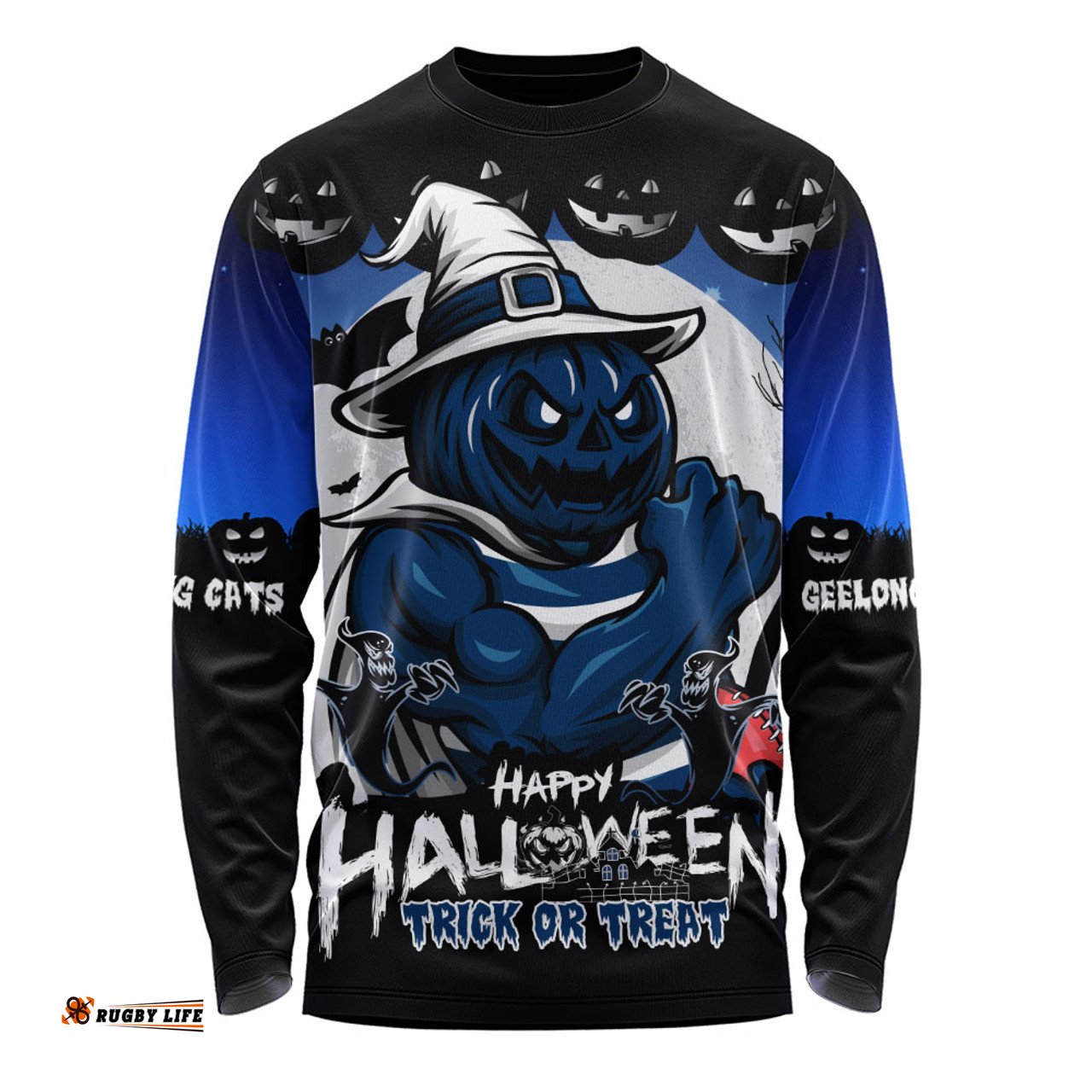 Amazing Aussie Geelong Cats Dark Pumpkin Halloween Spirit Long Sleeve T-shirt