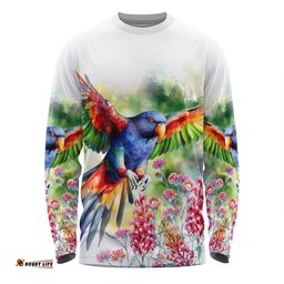 Amazing Aussie Australia Rainbow Lorikeets Rainbow Lorikeets Flying With Grevillea Flowers Art Long Sleeve T-shirt