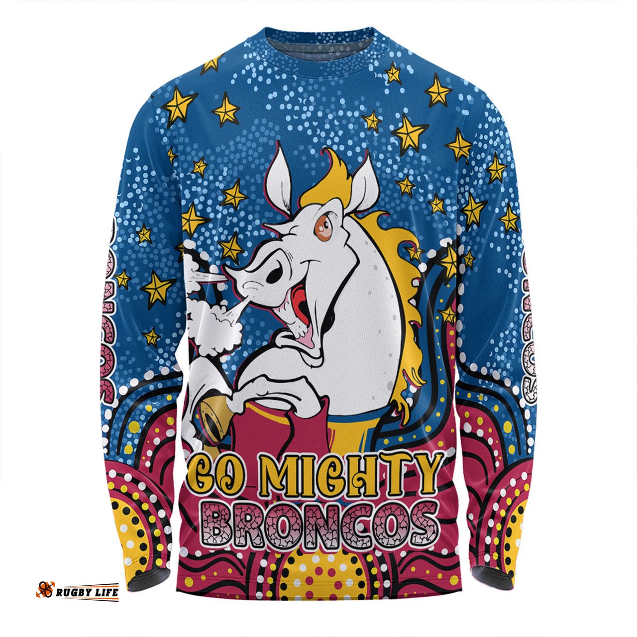 Amazing Aussie Brisbane Broncos Custom Custom With Aboriginal Inspired Style Of Dot Painting Patterns Long Sleeve T-shirt