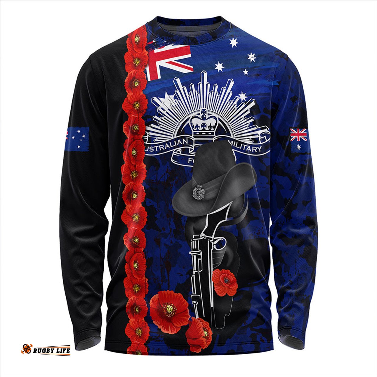 Amazing Aussie Australia Poppy Line Anzac Memorial Blue Long Sleeve T-shirt