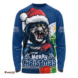 Amazing Aussie Geelong Cats Santa Scoring Touchdown On Christmas Game Day Long Sleeve T-shirt