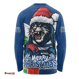 Amazing Aussie Geelong Cats Santa Scoring Touchdown On Christmas Game Day Long Sleeve T-shirt
