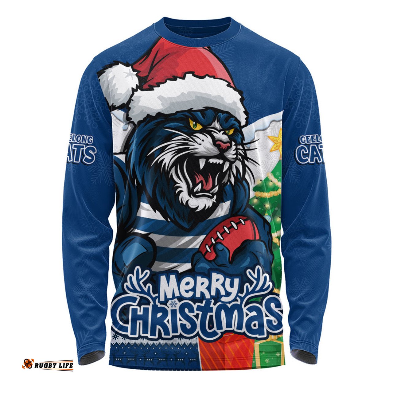 Amazing Aussie Geelong Cats Santa Scoring Touchdown On Christmas Game Day Long Sleeve T-shirt